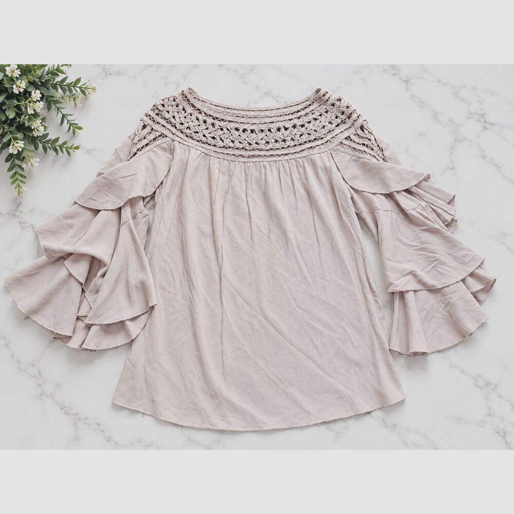 Esley Women's Medium Blush Pink Crochet Yoke Ruffle Bell Sleeve Boho Blouse